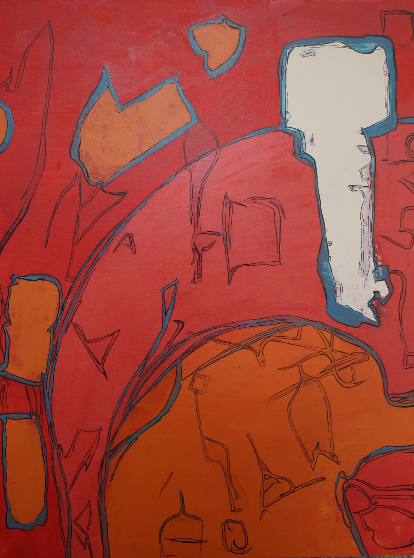 Abstract orange and blue forms with red background