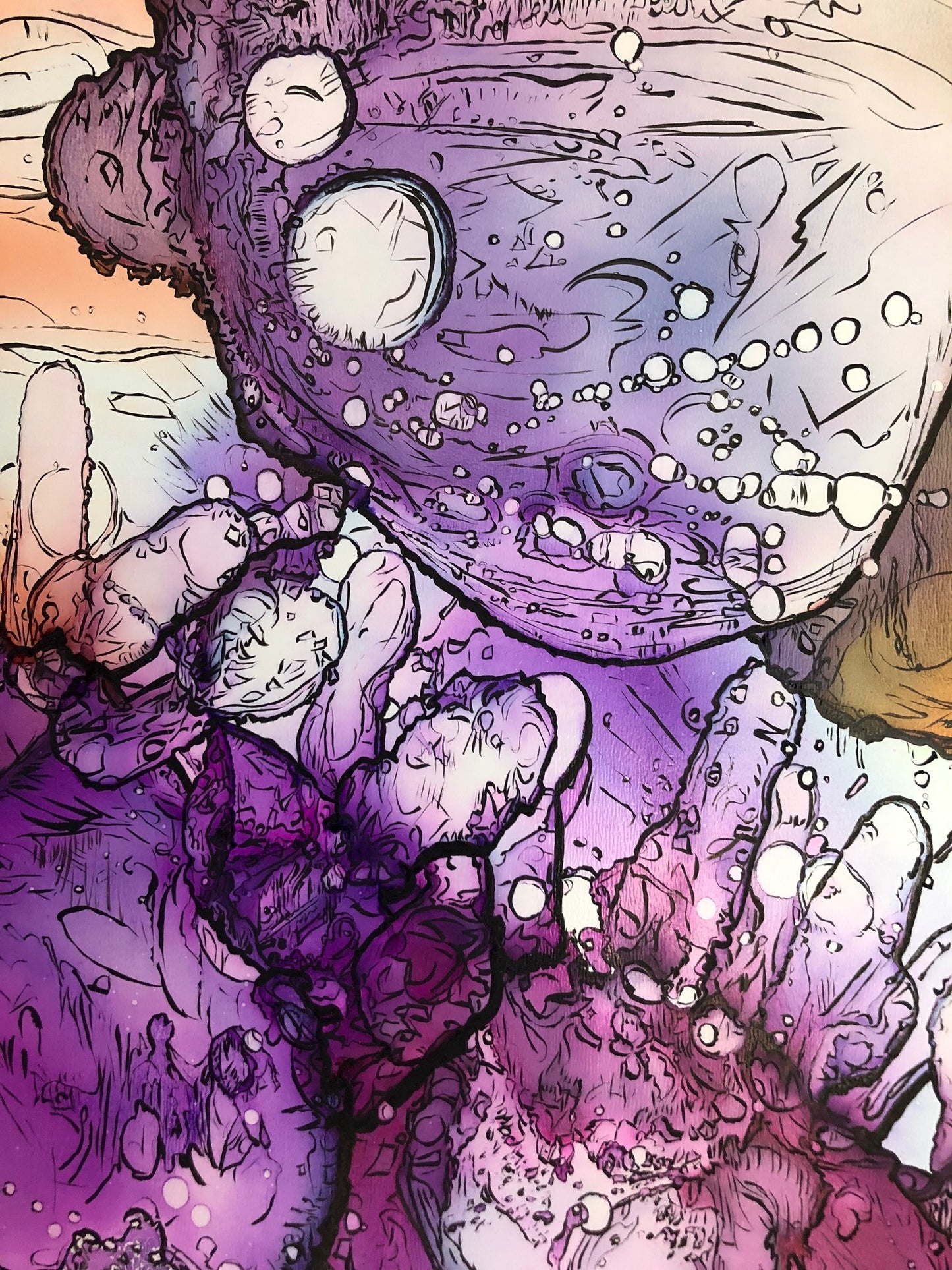 Close up of original alcohol ink series drawing by artist Arron J McGuire