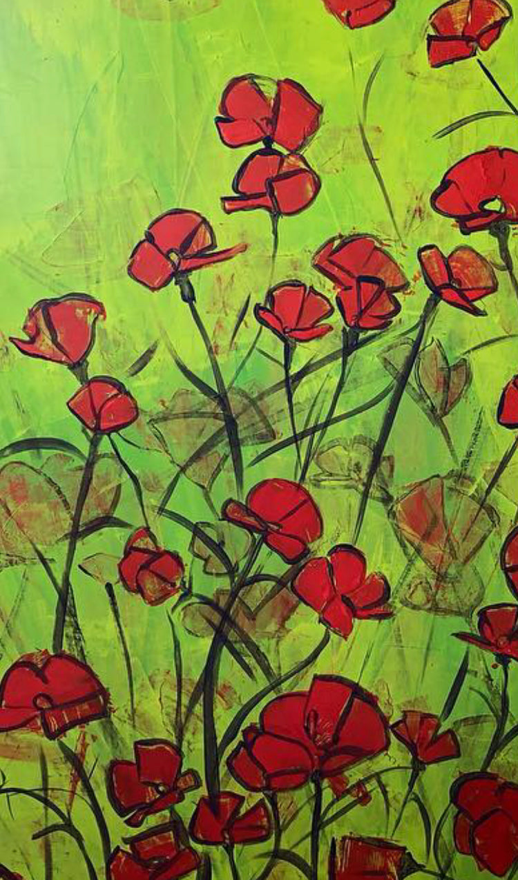 Vibrant yellow green with orange red poppies on canvas.